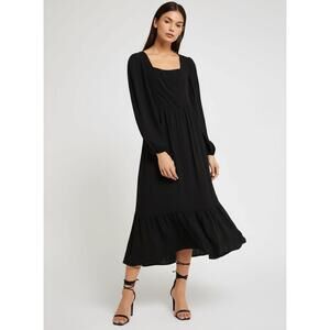 AND NOW THIS Midi Dress M Black Leg Slit Smocked Bodice Tiered Elegant